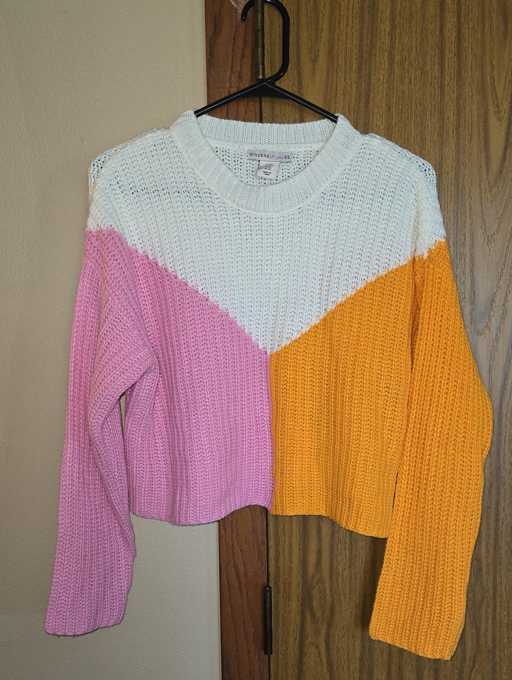 Sincerely Jules Colorblock Cropped Knit Sweater in White, Pink & Yellow